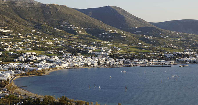 Panoramic image of Parikia town on Paros Greece - this is where our car rental agency is located.